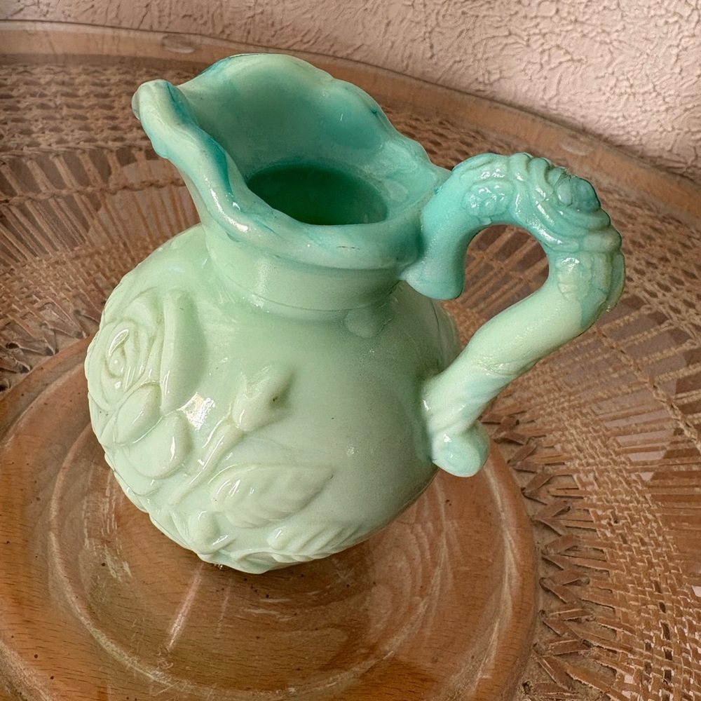 Vintage Avon turquoise milk glass mini jug oil perfume bottle blue green pitcher